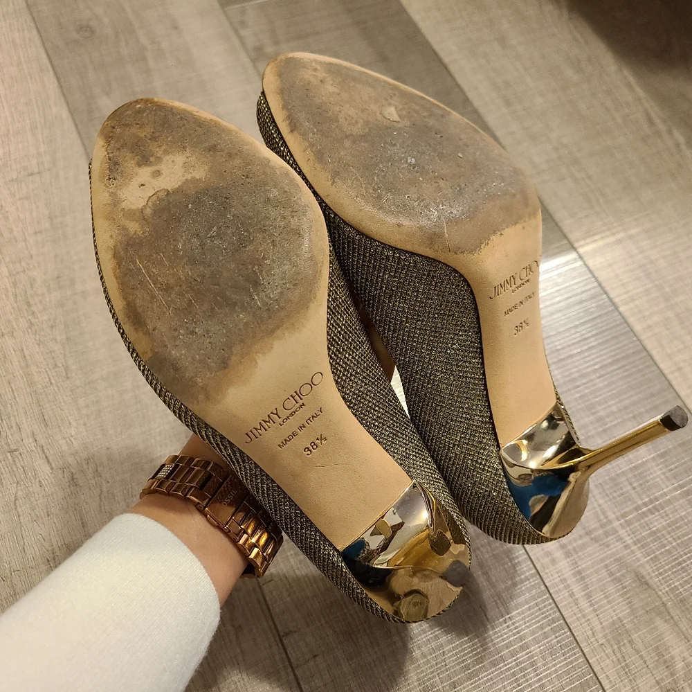 38.5 Jimmy Choo Peep-Toe Gold Pumps - Picture 7 of 9